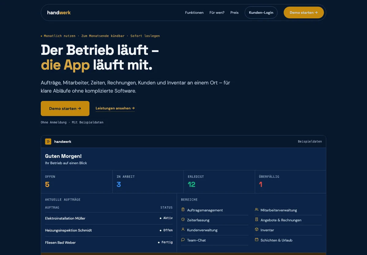 Startseite von Handwerk auf dem Bildschirm: dunkles Layout mit großer Überschrift und einer Übersicht mit Auftragszahlen, Auftragsliste und Bereichen