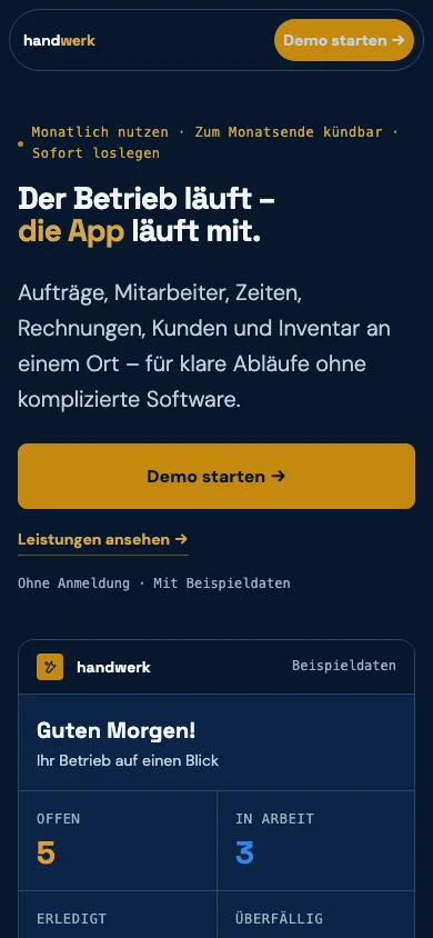 Dieselbe Startseite auf dem Smartphone mit einspaltigem Layout
